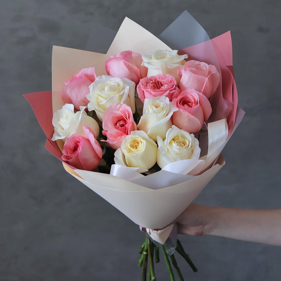Dozen Pink & White Roses