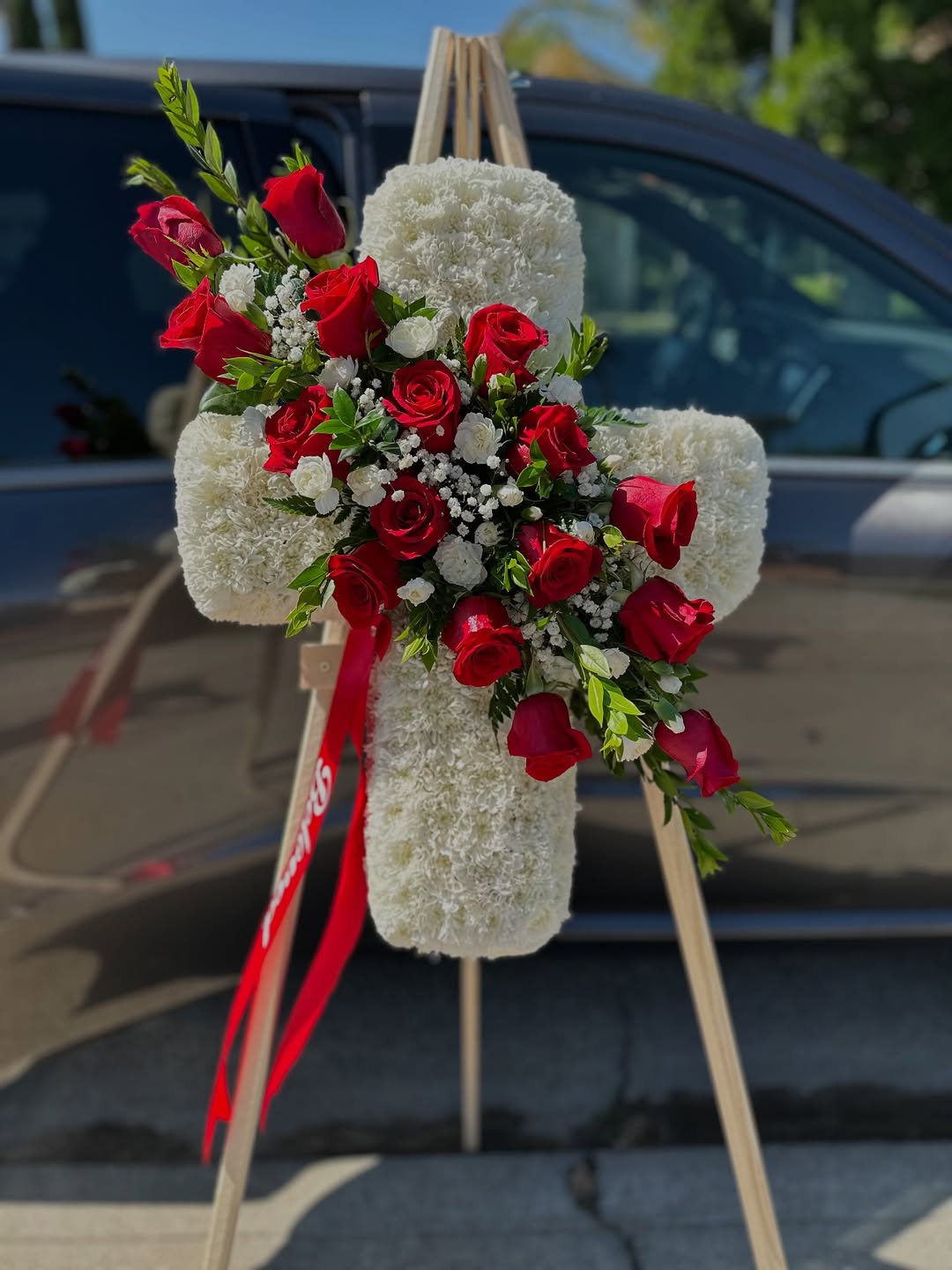 Cross Sympathy Flower Spray Arrangement